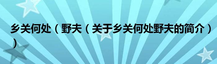 鄉(xiāng)關何處（野夫（關于鄉(xiāng)關何處野夫的簡介））