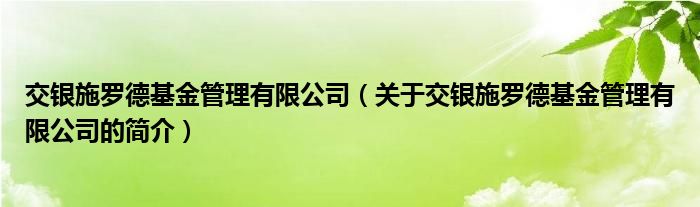 交銀施羅德基金管理有限公司（關(guān)于交銀施羅德基金管理有限公司的簡(jiǎn)介）