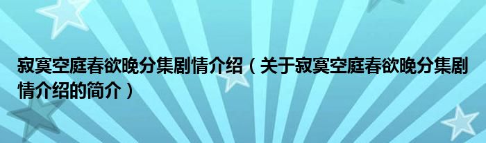 寂寞空庭春欲晚分集劇情介紹（關(guān)于寂寞空庭春欲晚分集劇情介紹的簡(jiǎn)介）