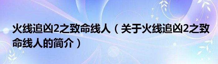 火線追兇2之致命線人（關(guān)于火線追兇2之致命線人的簡(jiǎn)介）