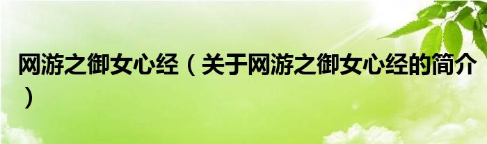 網(wǎng)游之御女心經(jīng)（關(guān)于網(wǎng)游之御女心經(jīng)的簡介）