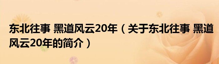 東北往事 黑道風云20年（關(guān)于東北往事 黑道風云20年的簡介）