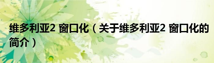 維多利亞2 窗口化（關(guān)于維多利亞2 窗口化的簡(jiǎn)介）