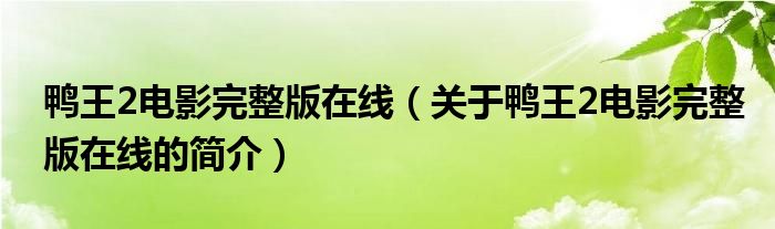 鴨王2電影完整版在線（關(guān)于鴨王2電影完整版在線的簡(jiǎn)介）