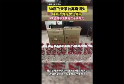 湖北武漢女兒男友盜竊80瓶飛天茅臺案，涉案金額20萬元，警方迅速偵破